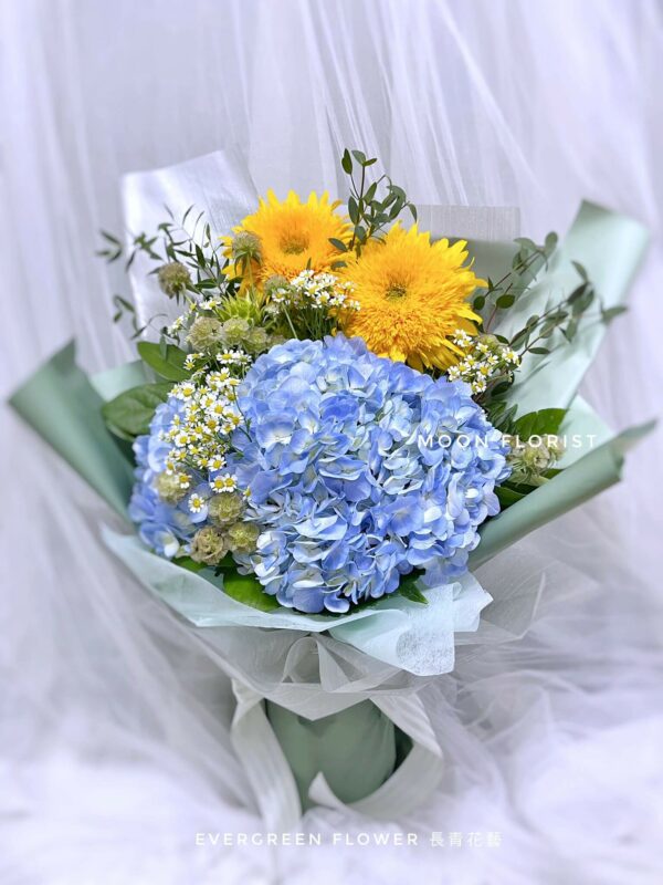 畢業花束, 訂畢業花束, Moon Florist- 藍色繡球花x向日葵01